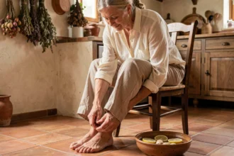 Femme âgée massant son talon douloureux avec un remède naturel maison pour soulager l'épine calcanéenne