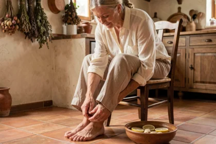 Femme âgée massant son talon douloureux avec un remède naturel maison pour soulager l'épine calcanéenne