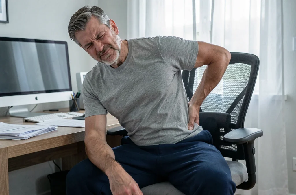 Homme en télétravail adoptant une mauvaise posture assise qui aggrave la douleur sciatique