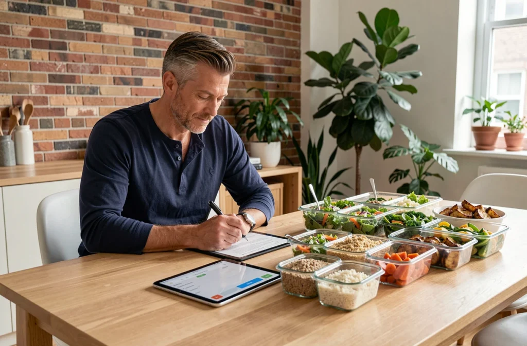 Homme planifiant ses repas sur tablette avec des repas préparés à l'avance dans des boîtes en verre sur une table en bois