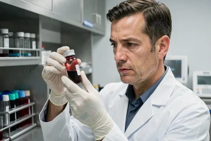 Médecin tenant un tube de sang rouge foncé dans un laboratoire médical, analyse des hématies élevées