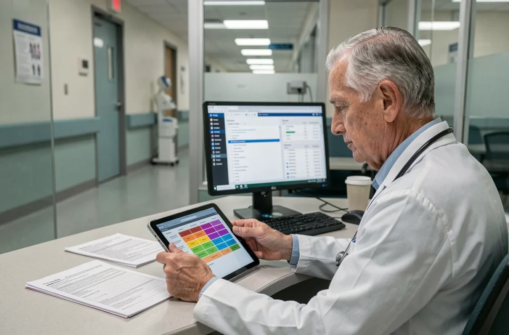 Médecin hospitalier consultant un bilan nutritionnel numérique dans le cadre du suivi de patients atteints de maladies chroniques