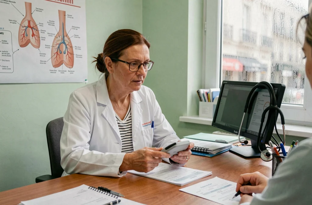 Médecin généraliste expliquant l'asthme à un patient adulte dans un cabinet médical urbain en France
