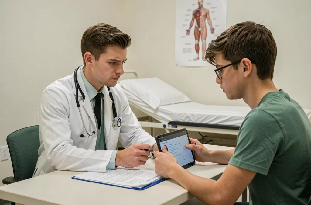 Médecin consultant un jeune patient diabétique dans un cabinet médical, abordant les complications du diabète chez les adolescents
