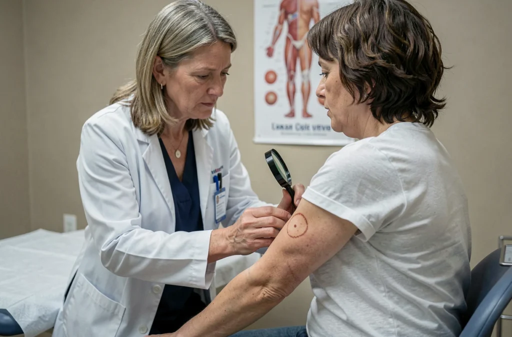 Médecin examinant l'érythème migrant caractéristique d'une maladie de Lyme diagnostiquée tôt en cabinet