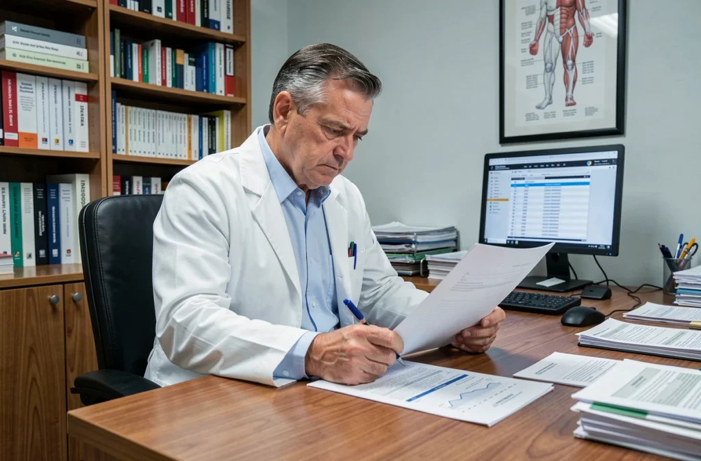 Médecin analysant des résultats médicaux complexes liés au diagnostic difficile de la fibromyalgie