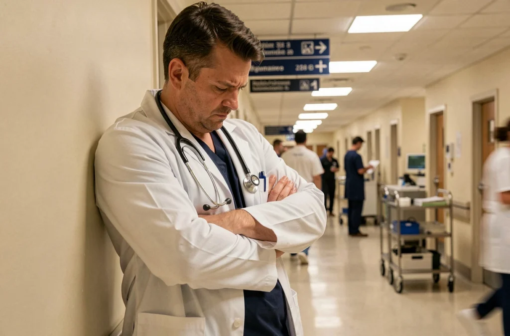Médecin stressé appuyé contre un mur dans un couloir d'hôpital, reflétant la pression des soignants