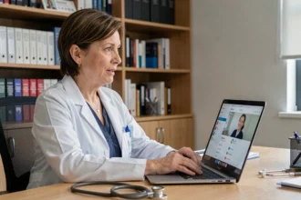 Médecin généraliste femme en téléconsultation devant un ordinateur portable dans son cabinet médical