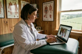 Médecin généraliste réalisant une téléconsultation dans un cabinet médical rural avec vue sur la campagne