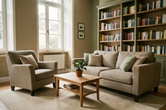 Cabinet de psychothérapie accueillant dans le Nord avec fauteuils confortables et bibliothèque
