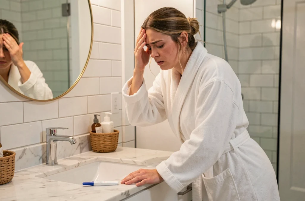 Femme ressentant des nausées matinales intenses dans la salle de bain, symptôme précoce d'une grossesse gémellaire