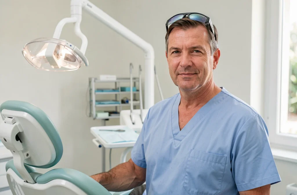 Dentiste Negre Regis en tenue professionnelle dans sa salle de soins dentaires