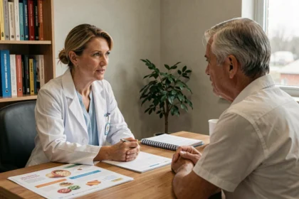 Nutritionniste en consultation avec un patient chronique, entourés de fiches alimentaires et d'un carnet de suivi nutritionnel