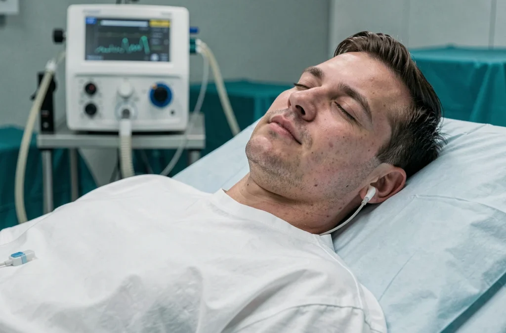Patient sous anesthésie générale sur table d'opération avec équipement médical visible en arrière-plan