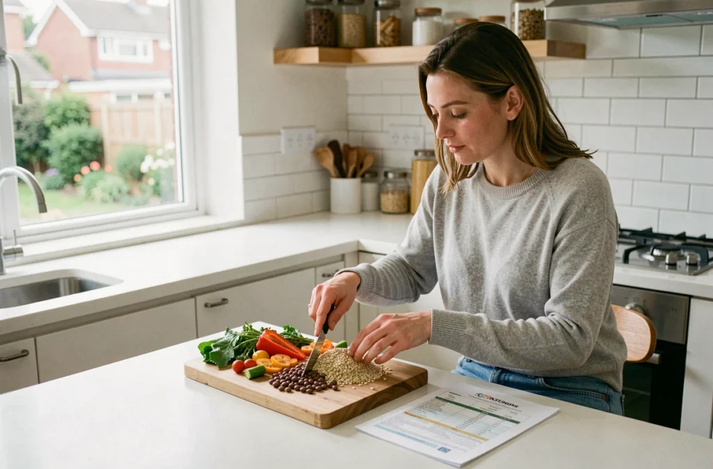 Femme atteinte d'une maladie chronique préparant un repas équilibré à domicile en suivant un plan nutritionnel personnalisé