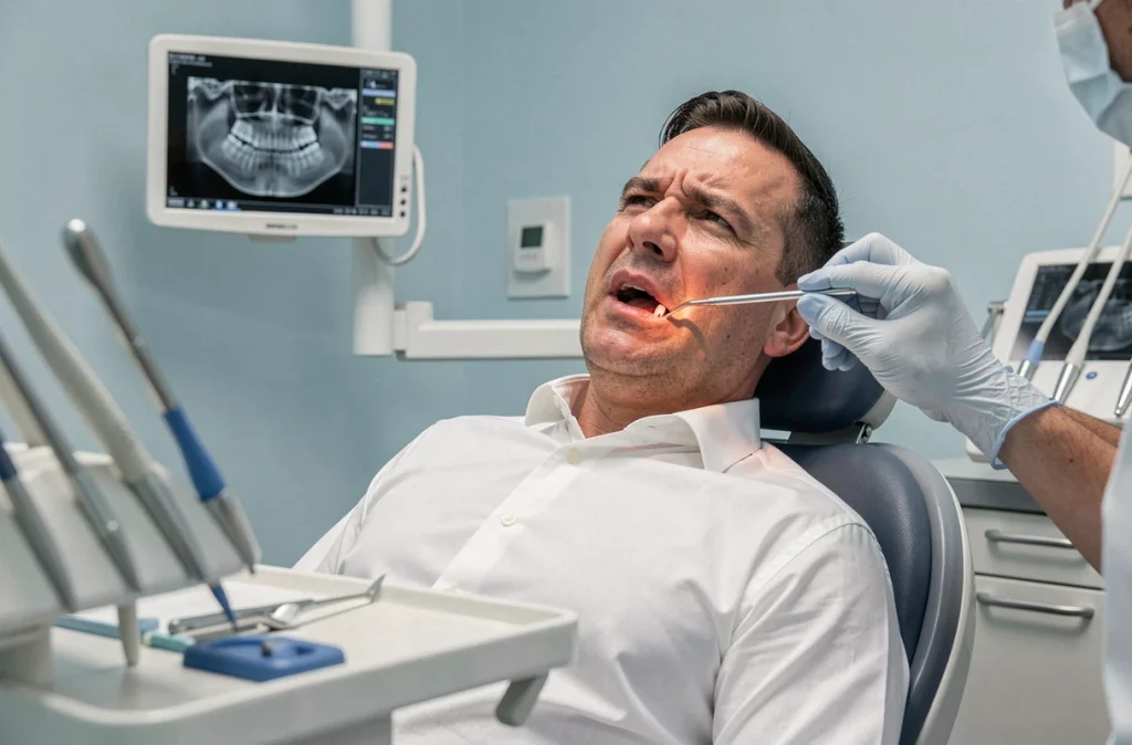 Patient en consultation dentaire pour une dent dévitalisée douloureuse chez le dentiste