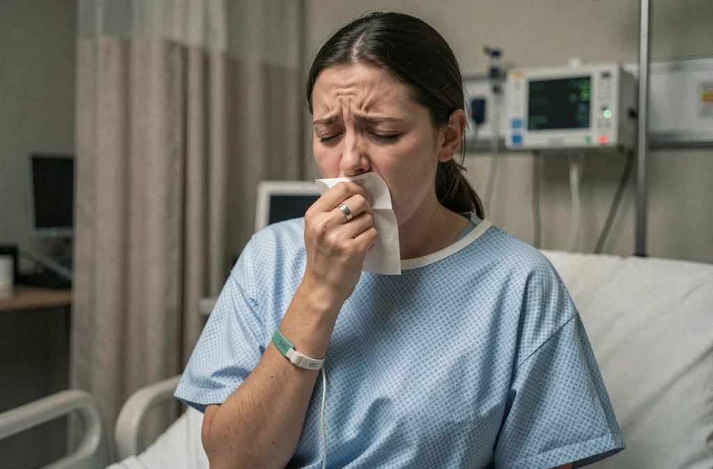 Jeune adulte hospitalisée souffrant d'une toux sévère liée à la coqueluche dans un service d'urgences