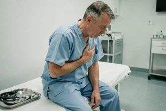Patient dyspnéique assis en salle d'examen clinique avec expression de gêne respiratoire