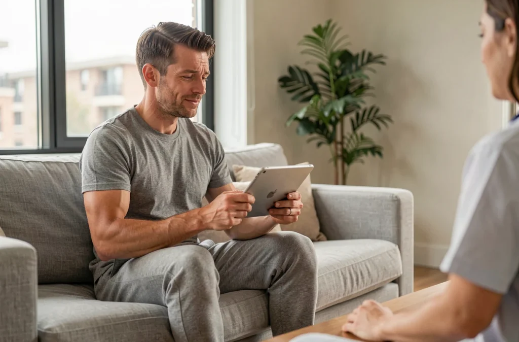 Patient homme en téléconsultation médicale depuis son domicile avec une tablette numérique