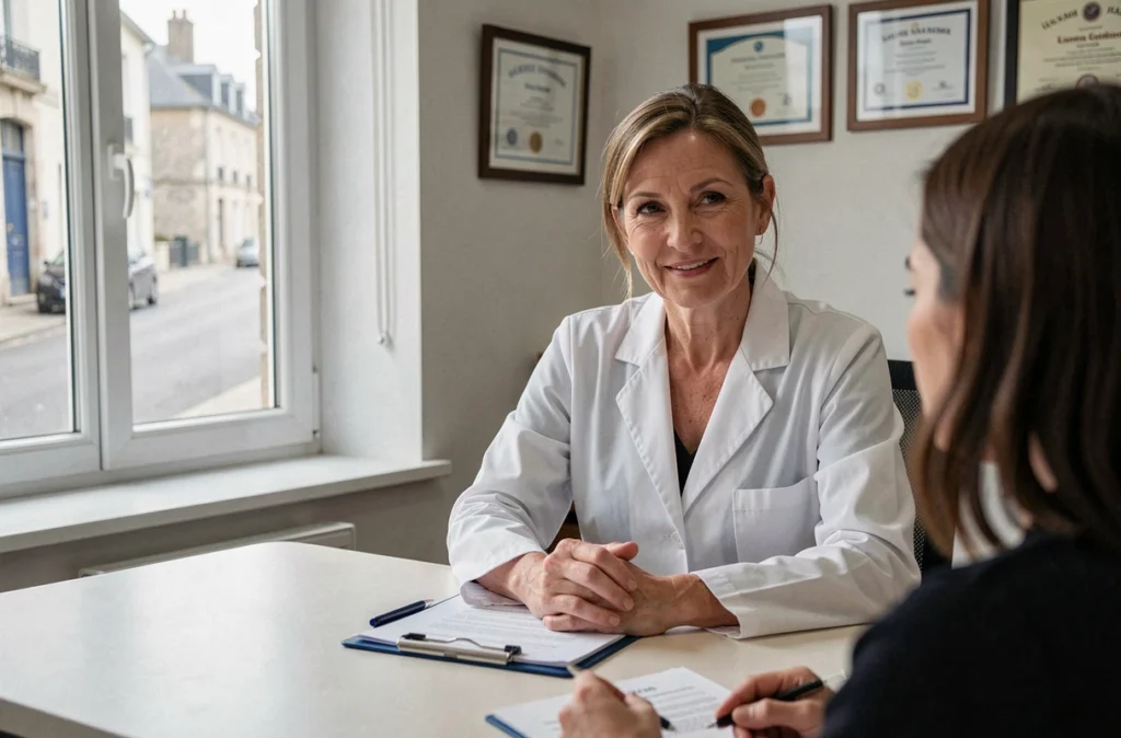 Dermatologue femme expliquant un traitement cutané à un patient dans son cabinet à Caen, représentant Patricia Berger