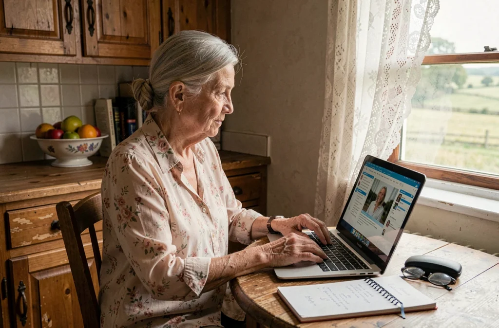 Femme âgée en téléconsultation médicale depuis sa maison rurale avec un ordinateur portable