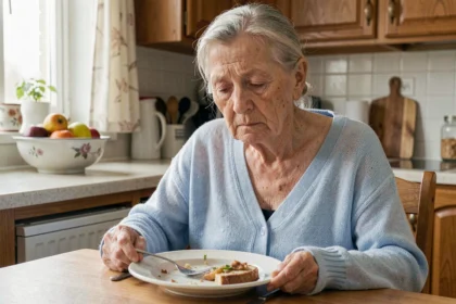 Femme âgée assise à table devant une assiette non touchée, signe de perte d'appétit liée à la dénutrition chez les seniors