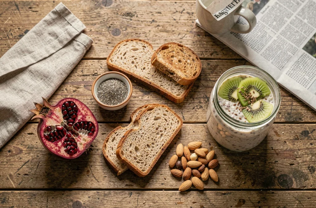 Vue aérienne d'un petit-déjeuner sain et varié riche en fibres alimentaires sur une table en bois