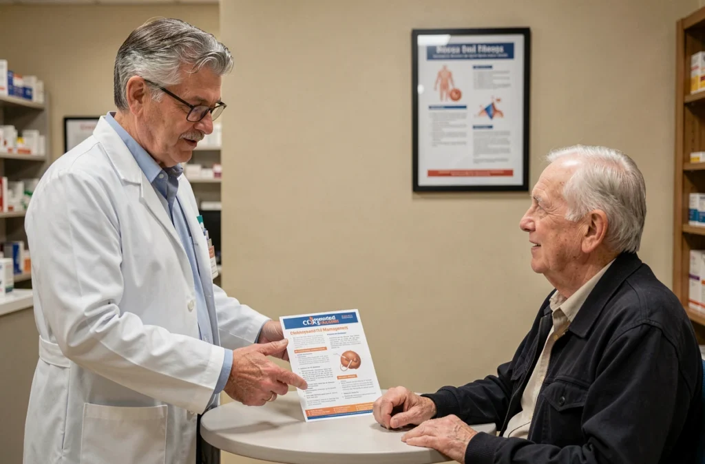 Pharmacien conseillant un patient âgé sur la gestion du cholestérol lors d'une consultation en officine