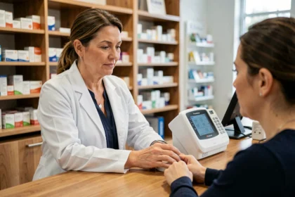 Pharmacienne mesurant la tension artérielle d'un patient au comptoir d'une pharmacie moderne pour prévenir les maladies cardiovasculaires