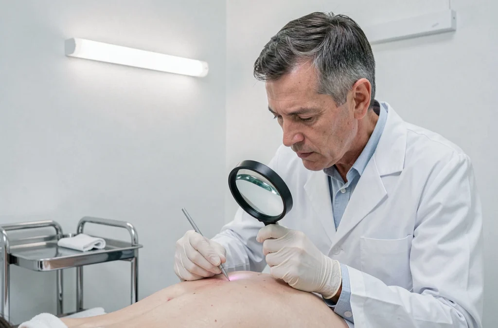 Dermatologue homme inspectant une lésion cutanée avec une loupe dans un cabinet à Caen, représentant Philippe Deshayes