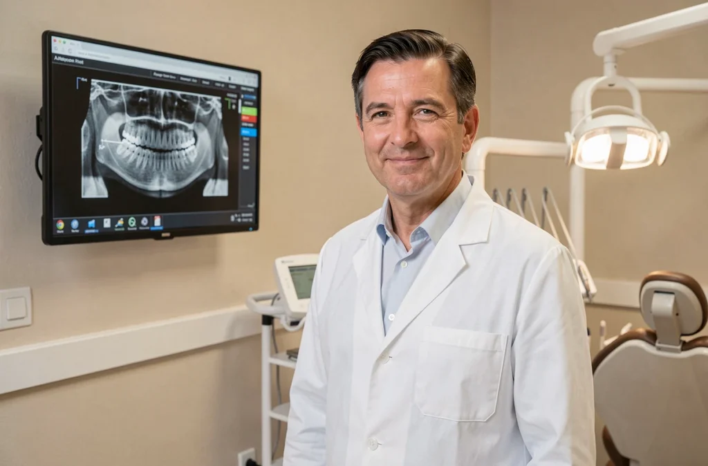Dentiste Pierre Cros devant un panoramique dentaire dans son cabinet en Aveyron