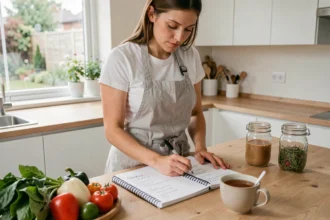 Femme rédigeant un planning de repas hebdomadaire dans une cuisine scandinave moderne entourée de légumes frais et bocaux en verre