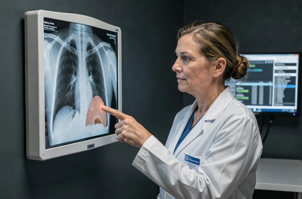 Pneumologue analysant une radiographie thoracique montrant un cul-de-sac pleural comblé