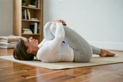 Femme allongée sur un tapis de yoga pratiquant une position d'étirement du dos pour soulager la sciatique à domicile