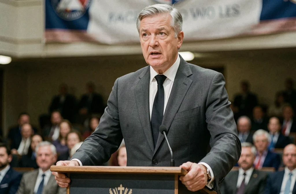 Homme en costume gris à un pupitre lors d'une allocution publique officielle dans un auditorium institutionnel français