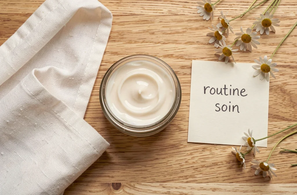Produits de soin pour l'eczéma disposés en flat-lay sur une surface en bois
