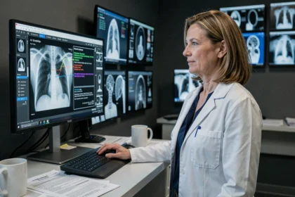 Radiologue femme analysant des images médicales assistées par intelligence artificielle sur écran dans une salle de lecture hospitalière moderne