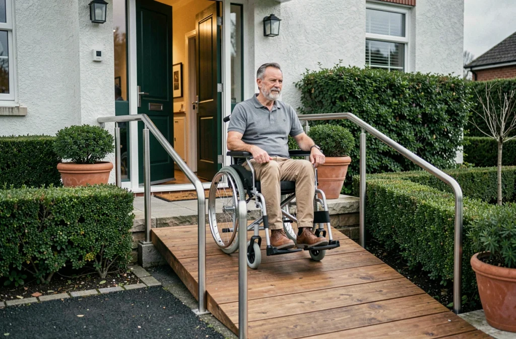 Homme en fauteuil roulant utilisant une rampe d'accès adaptée à l'entrée d'une maison individuelle