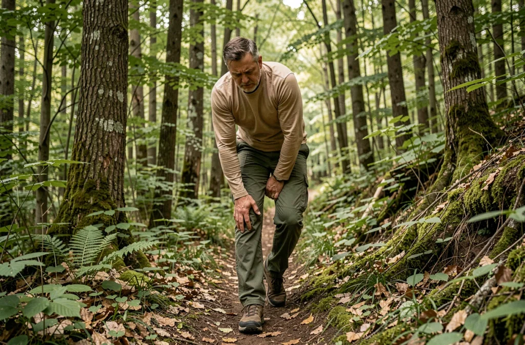 Randonneur examinant une potentielle piqûre de tique en forêt, signe précoce de la maladie de Lyme