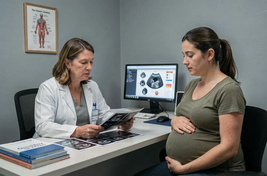 Chercheuse en blouse blanche discutant d'échographies avec une femme enceinte dans un bureau médical, représentant la recherche scientifique sur le lien prénatal mère-enfant