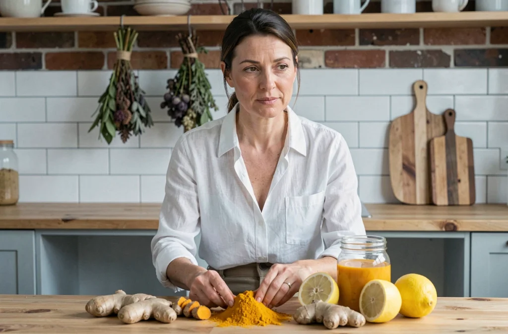 Femme préparant un remède naturel anti-inflammatoire au curcuma et au gingembre pour soulager les articulations