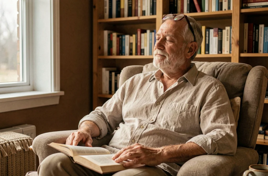 Homme senior se reposant dans un fauteuil avec un livre, symbolisant l'importance des siestes et du repos pour la santé des personnes âgées