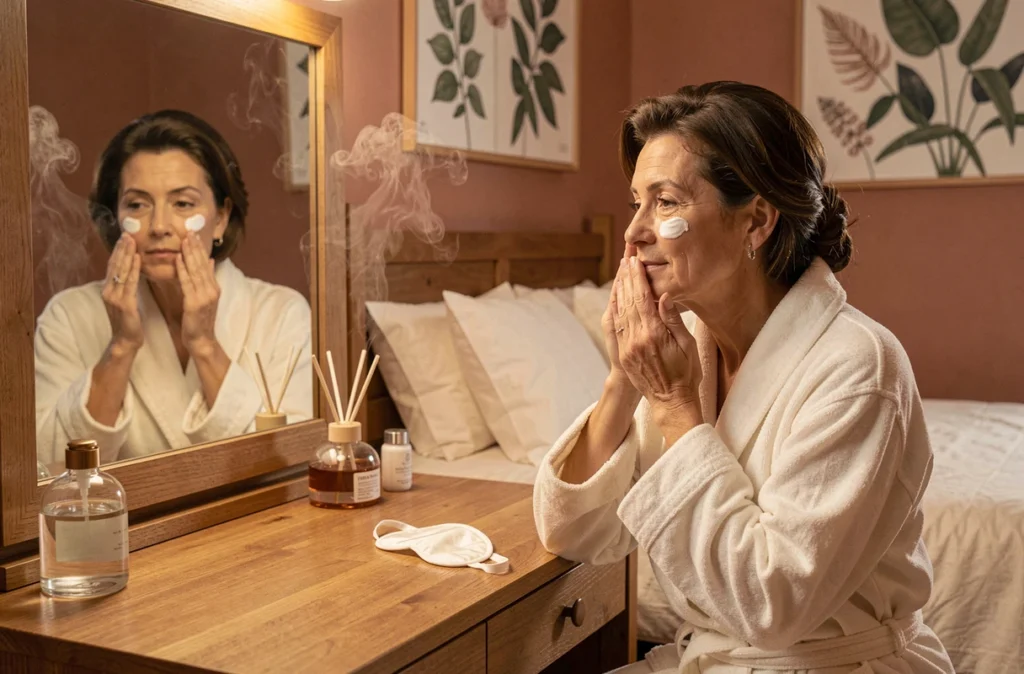 Femme préparant sa routine du soir avant le coucher, symbolisant les habitudes de sommeil sain favorisant la perte de masse grasse
