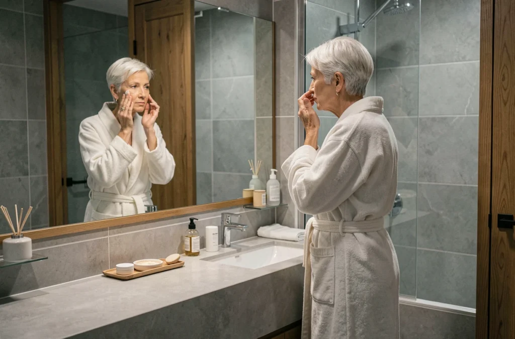 Femme âgée pratiquant une routine apaisante du soir dans sa salle de bain, représentant les habitudes favorisant un bon sommeil et un vieillissement en bonne santé