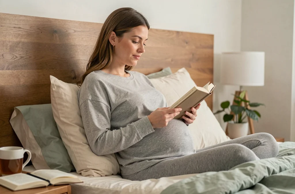 Future maman assise dans son lit en train de lire avant de dormir, adoptant une routine de sommeil saine pendant la grossesse