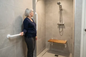 Femme âgée utilisant une barre d'appui dans une salle de bain adaptée aux personnes à mobilité réduite