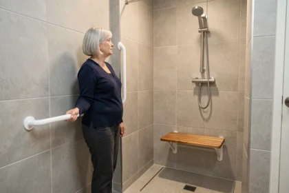 Femme âgée utilisant une barre d'appui dans une salle de bain adaptée aux personnes à mobilité réduite