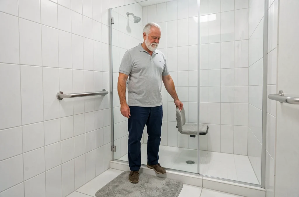 Sénior installant un tapis antidérapant et une barre d'appui dans une salle de bain adaptée pour éviter les chutes