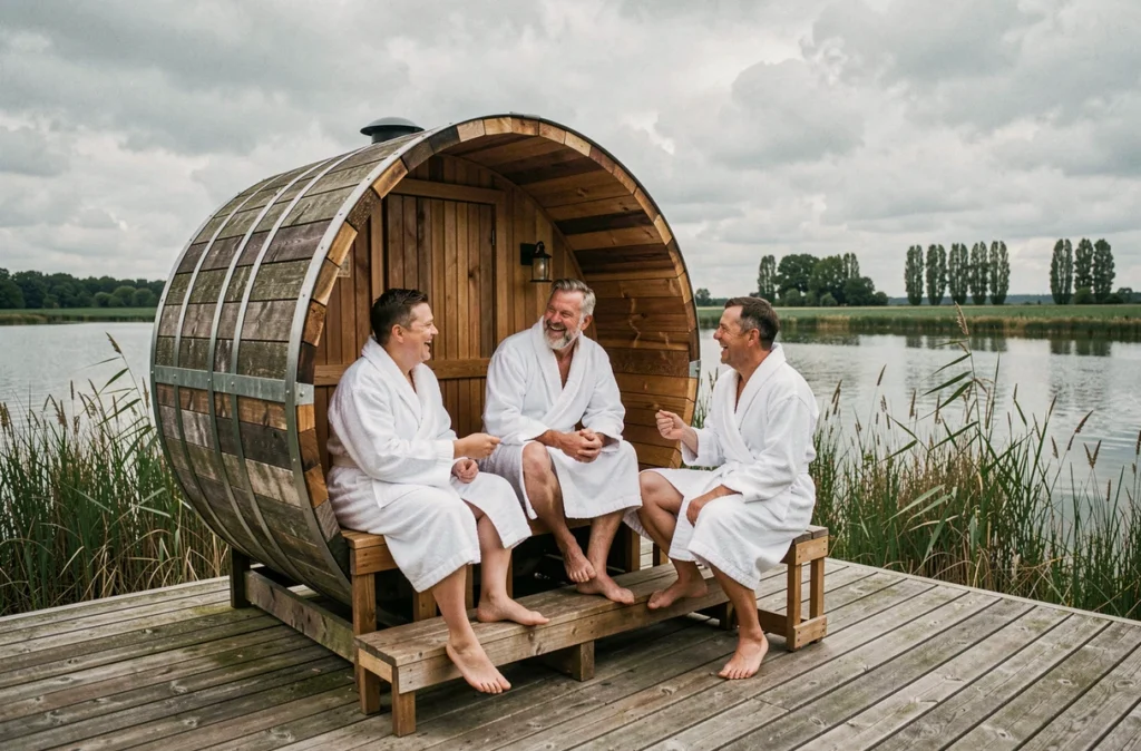 Groupe d'adultes profitant d'un sauna tonneau en plein air près d'un lac dans les Hauts-de-France