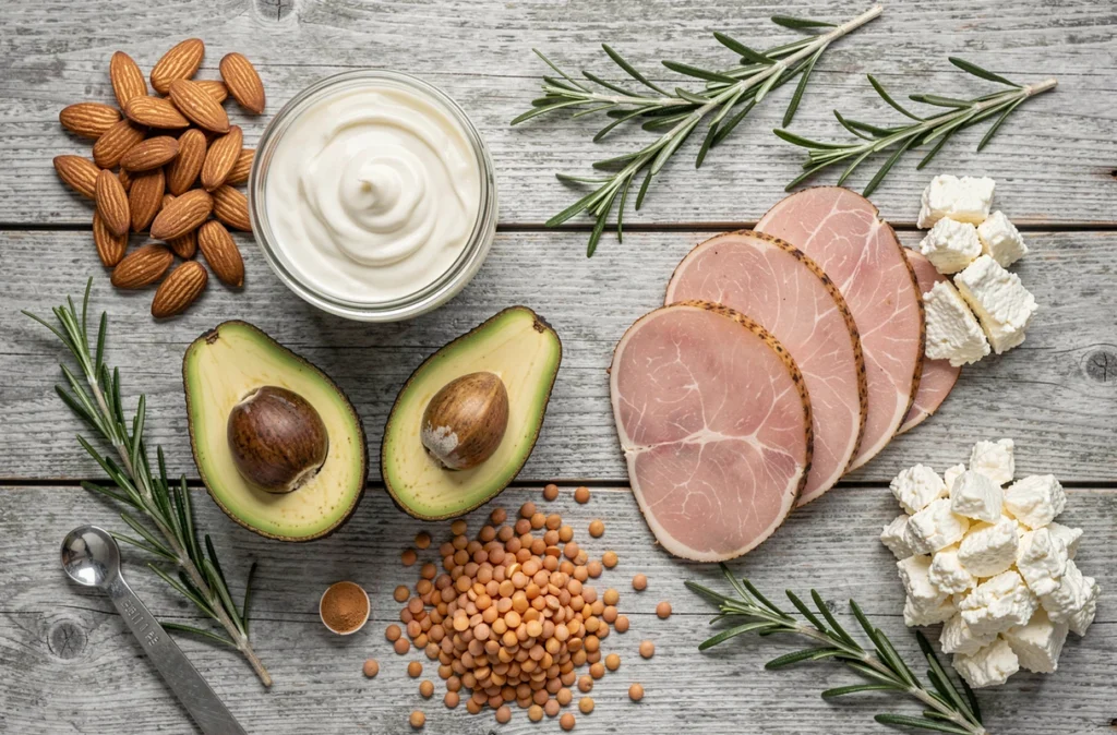 Vue de dessus d'une sélection variée d'aliments riches en protéines disposés sur une surface en bois rustique
